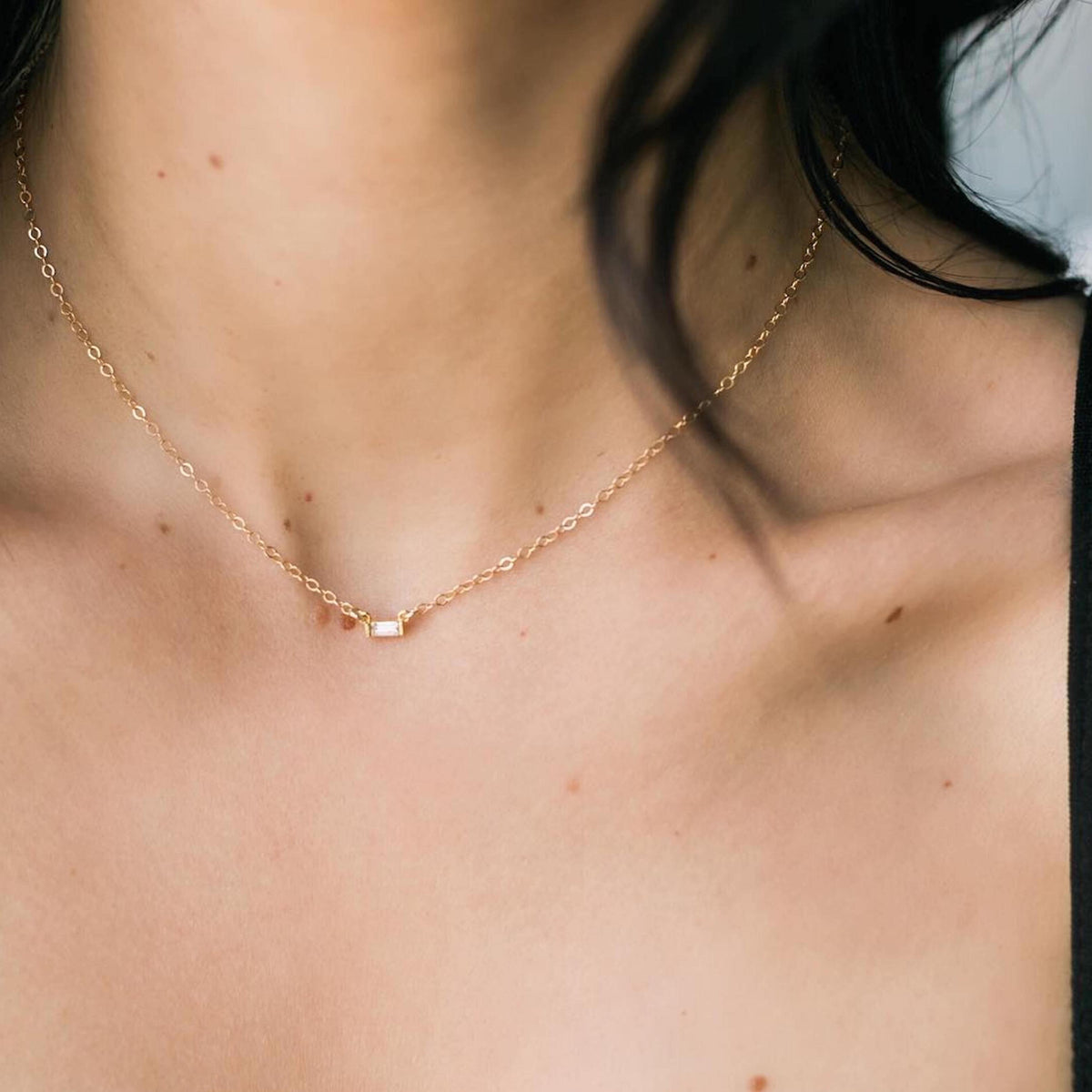 Job interview jewelry, featuring the Baguette necklace, handmade in America by Katie Dean Jewelry