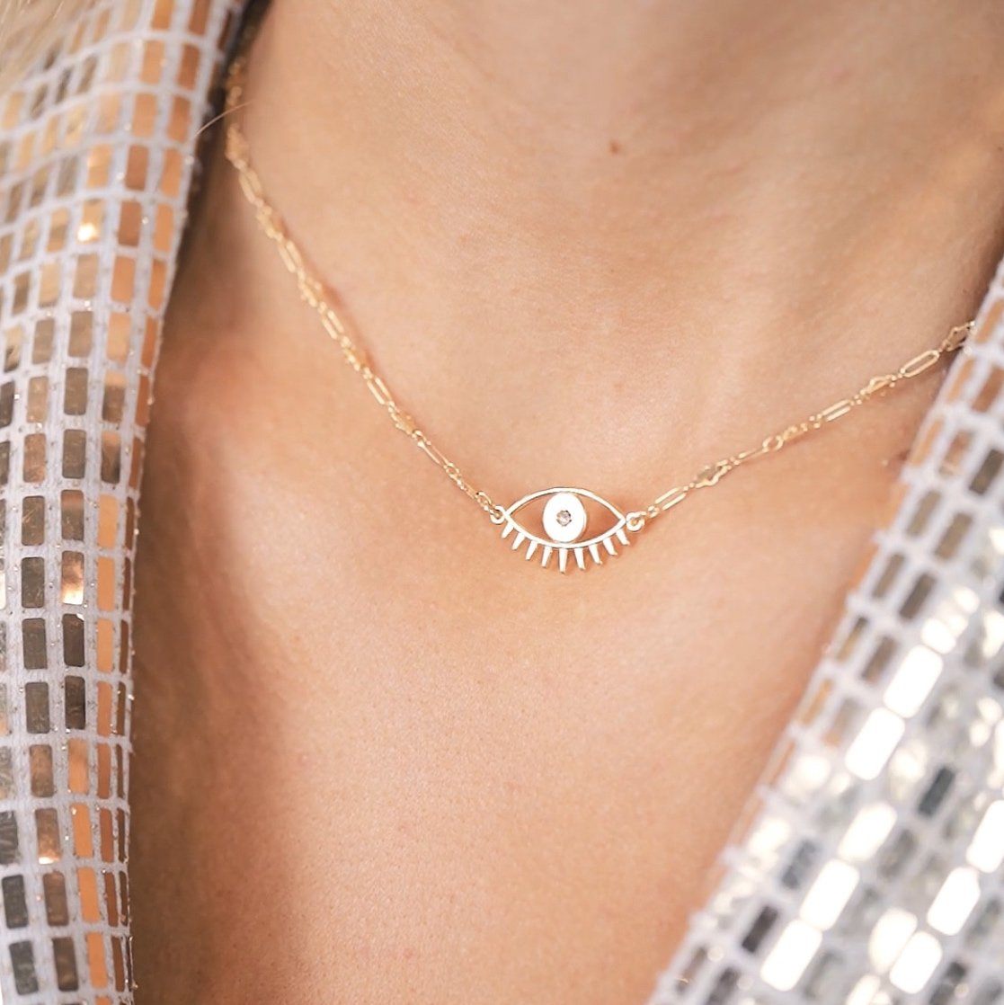 Evil Eye Necklace, gold sparkly dress, katie dean jewelry
