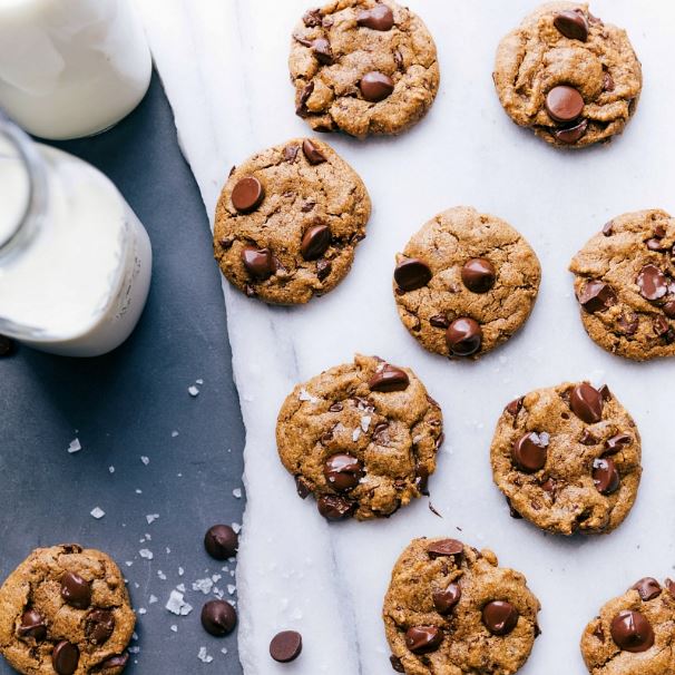 Pumpkin Chocolate chip cookies laid out on white cloth