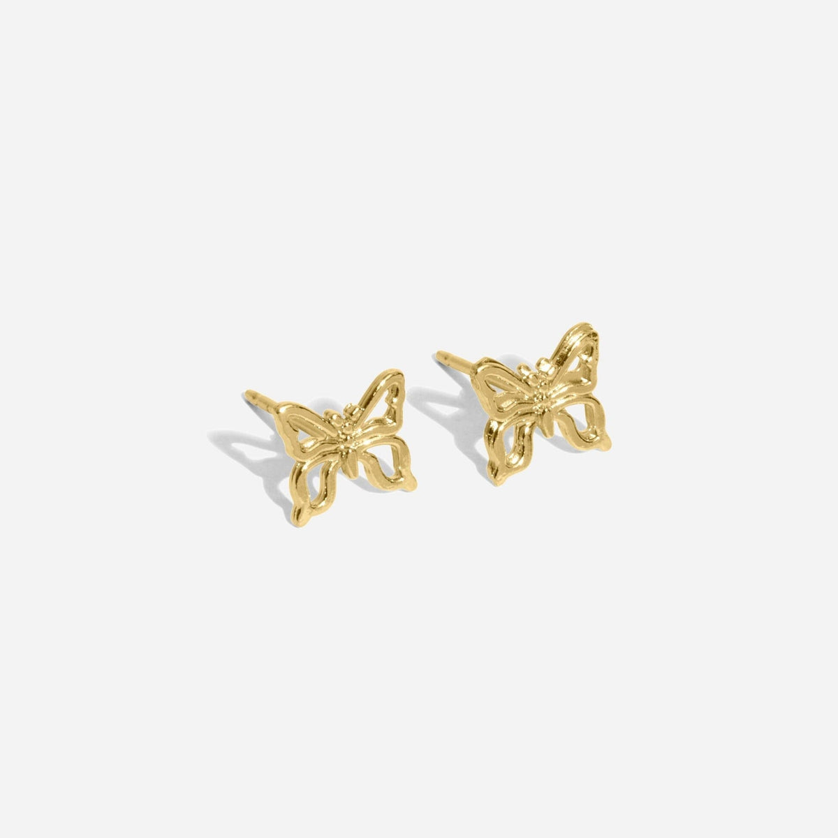 Dainty gold Butterfly Studs handmade in America by Katie Dean Jewelry, as seen on a natural white background, earrings made nickel-free and perfect for the dainty minimal jewelry lovers.