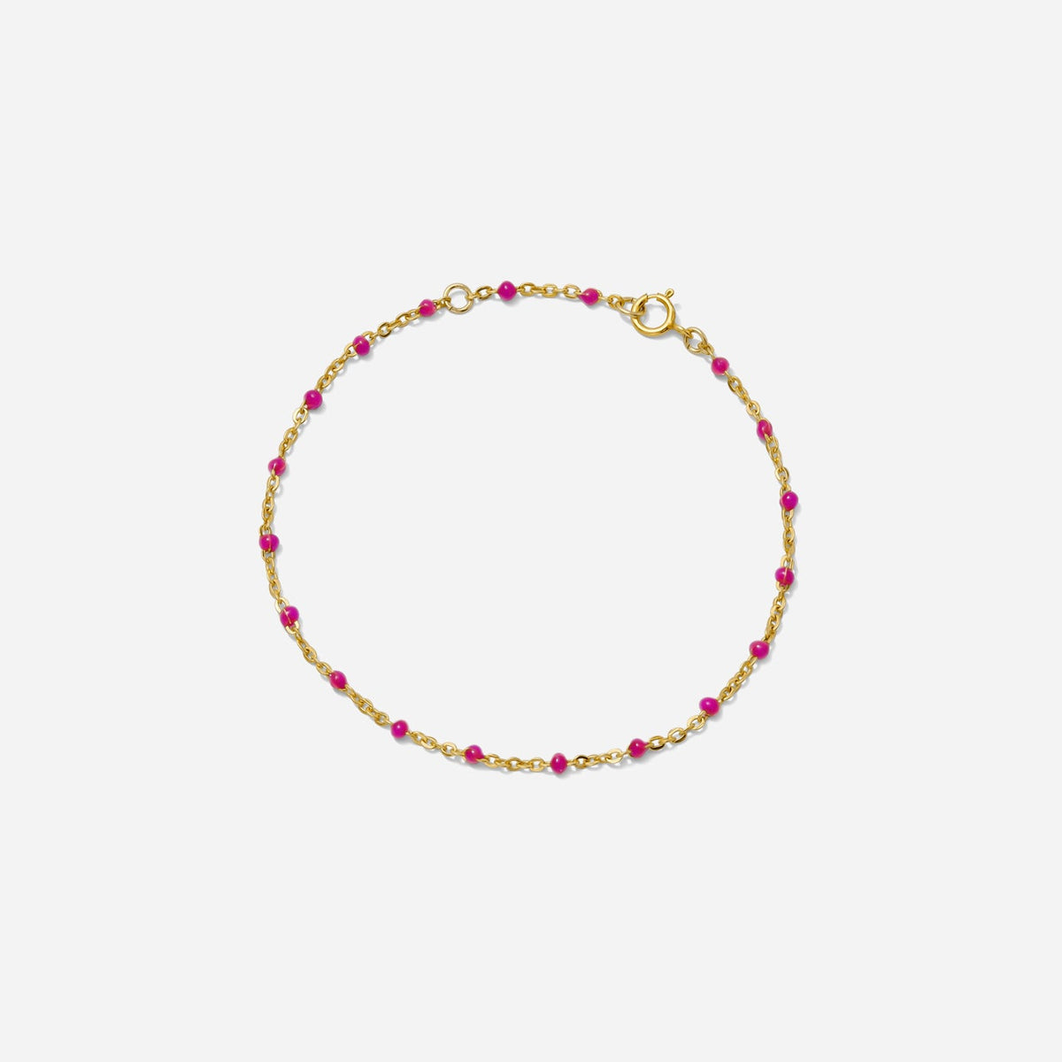 Enamel Chain Bracelet, amethyst colored enamel beads on gold chain, shown on a white background hand assembled by Katie Dean Jewelry in clearwater, FL.