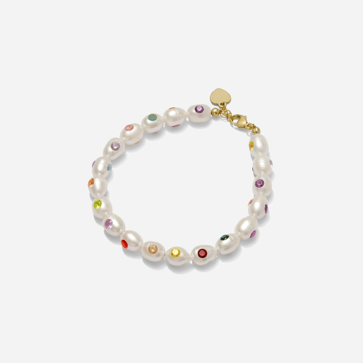 Freshwater pearl bracelet featuring rainbow crystal accents handmade by Katie Dean Jewelry in Clearwater, Florida.