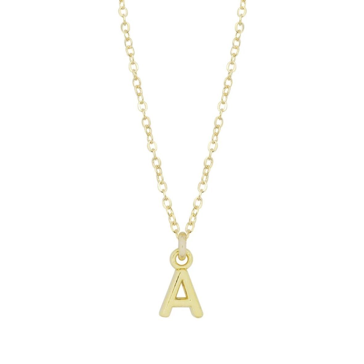 Dainty gold Initial A Necklace shown on a white background, made by Katie Dean Jewelry.