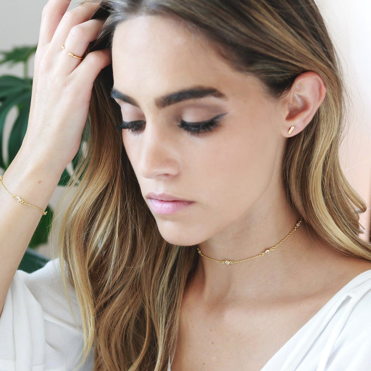 Crystal Chain Choker Necklace as seen on a model, made by Katie Dean Jewelry in America