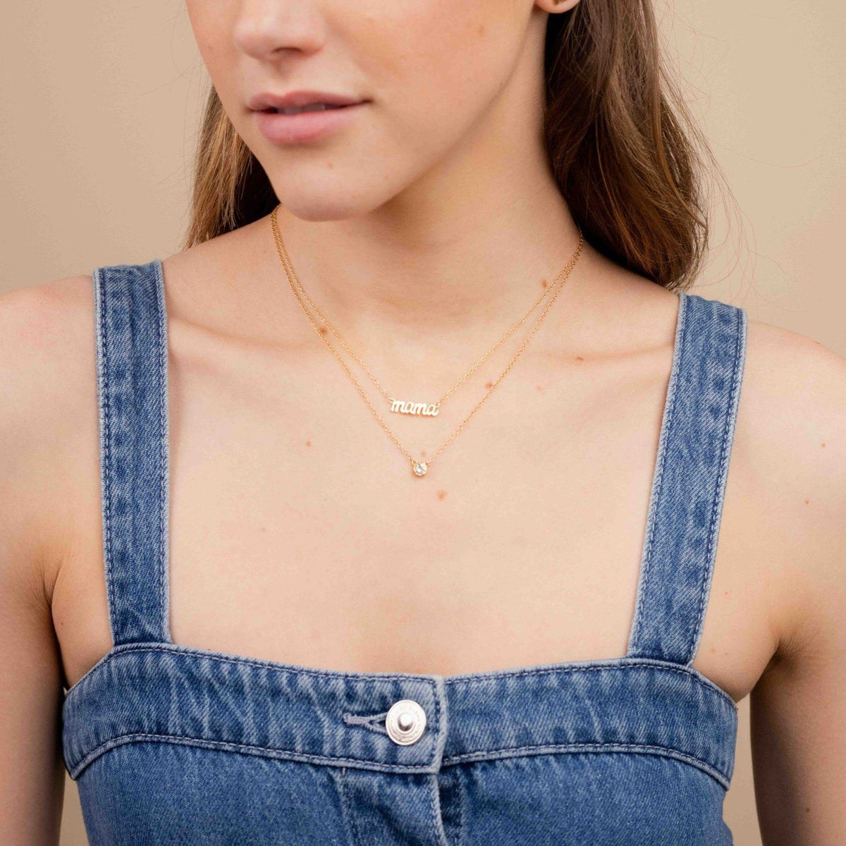 Birthstone Necklace layered with Mama Necklace handmade in America by Katie Dean Jewelry