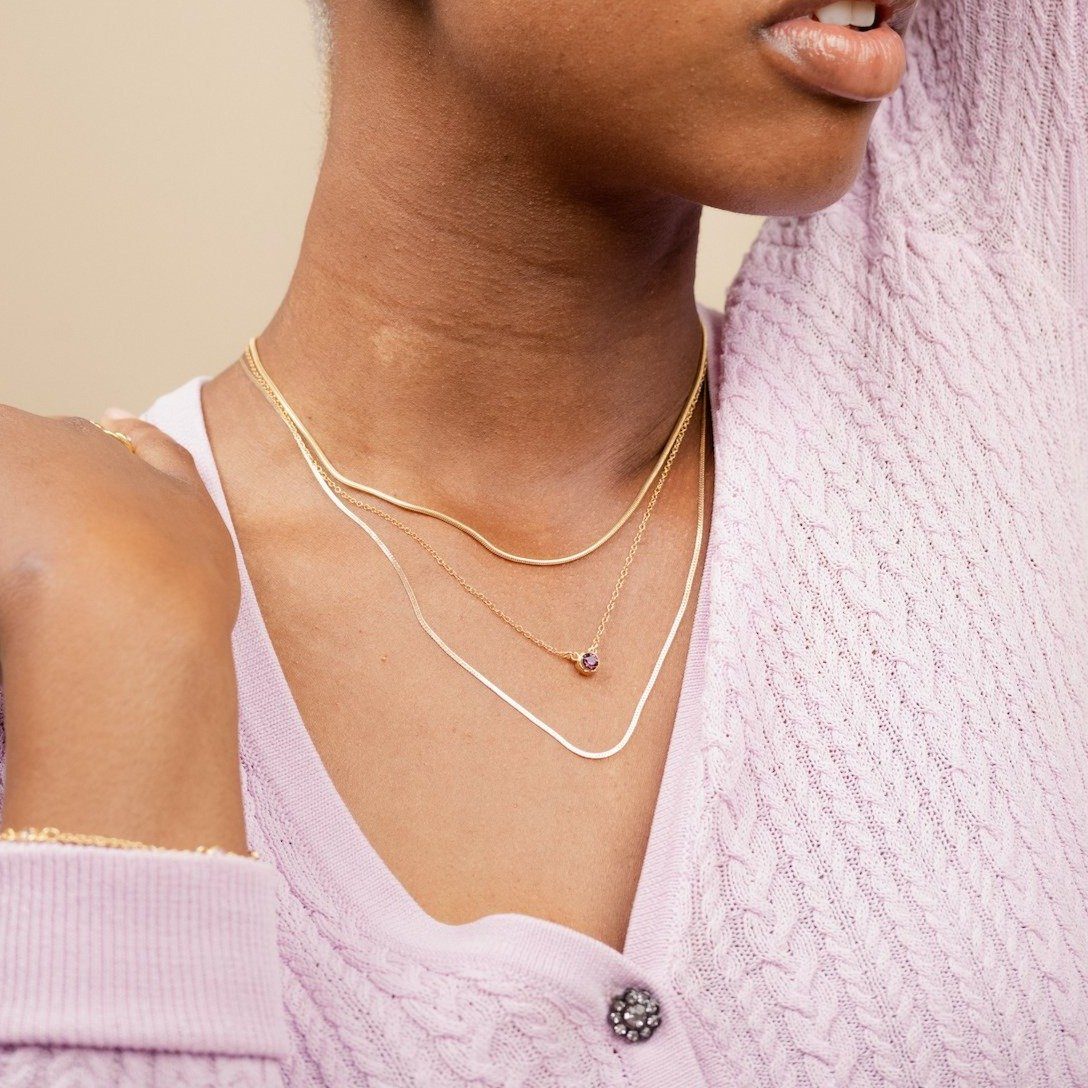 Birthstone Necklace layered with Snake Chain Necklace and Herringbone Chain Necklace, Katie Dean Jewelry