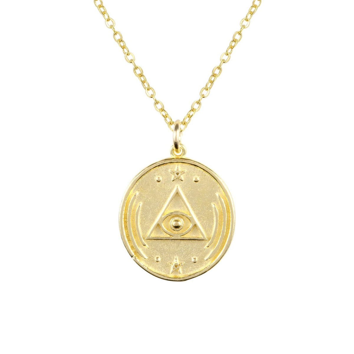 Gold and dainty All Seeing Eye Necklace against a white background, circular in shape with a triangle and eye design in the middle of the charm.