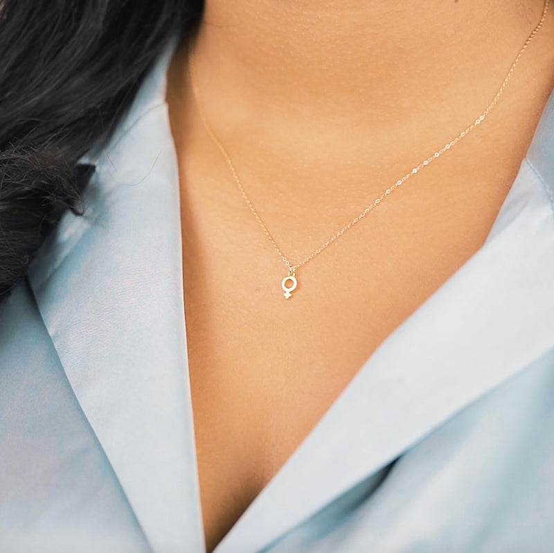 Wear it loud and proud! The Female Symbol Necklace was inspired by all the support and help that Katie has received from the leading ladies in her life. When you wear this necklace, we hope you feel empowered and ready to be the lady boss that you are. Handmade in California by Katie Dean Jewelry.