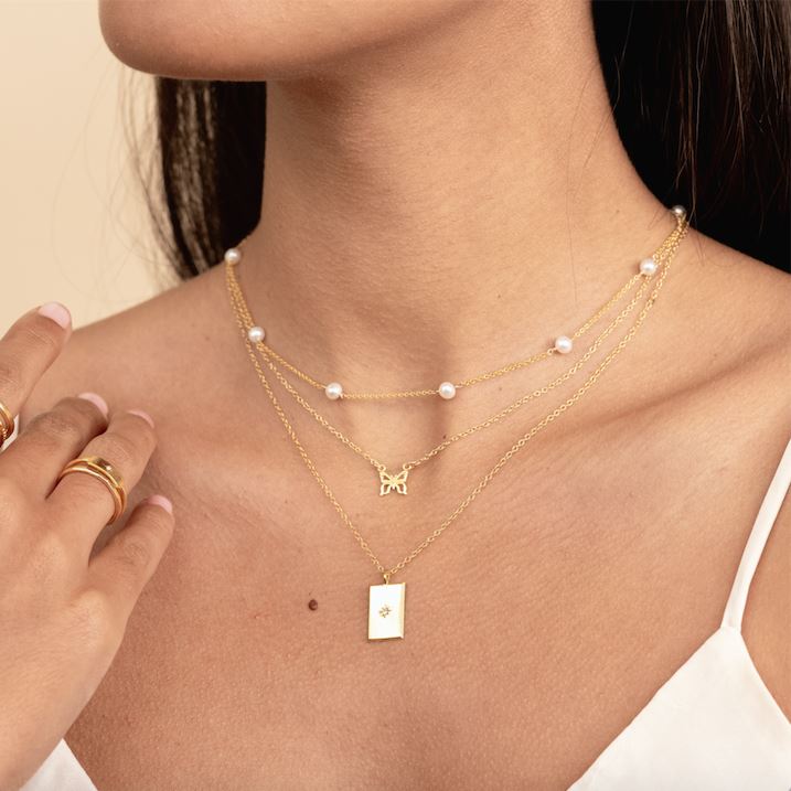 Pearl Chain Necklace layered with Butterfly Necklace and Rectangle Necklace, handmade by Katie Dean Jewelry in the USA