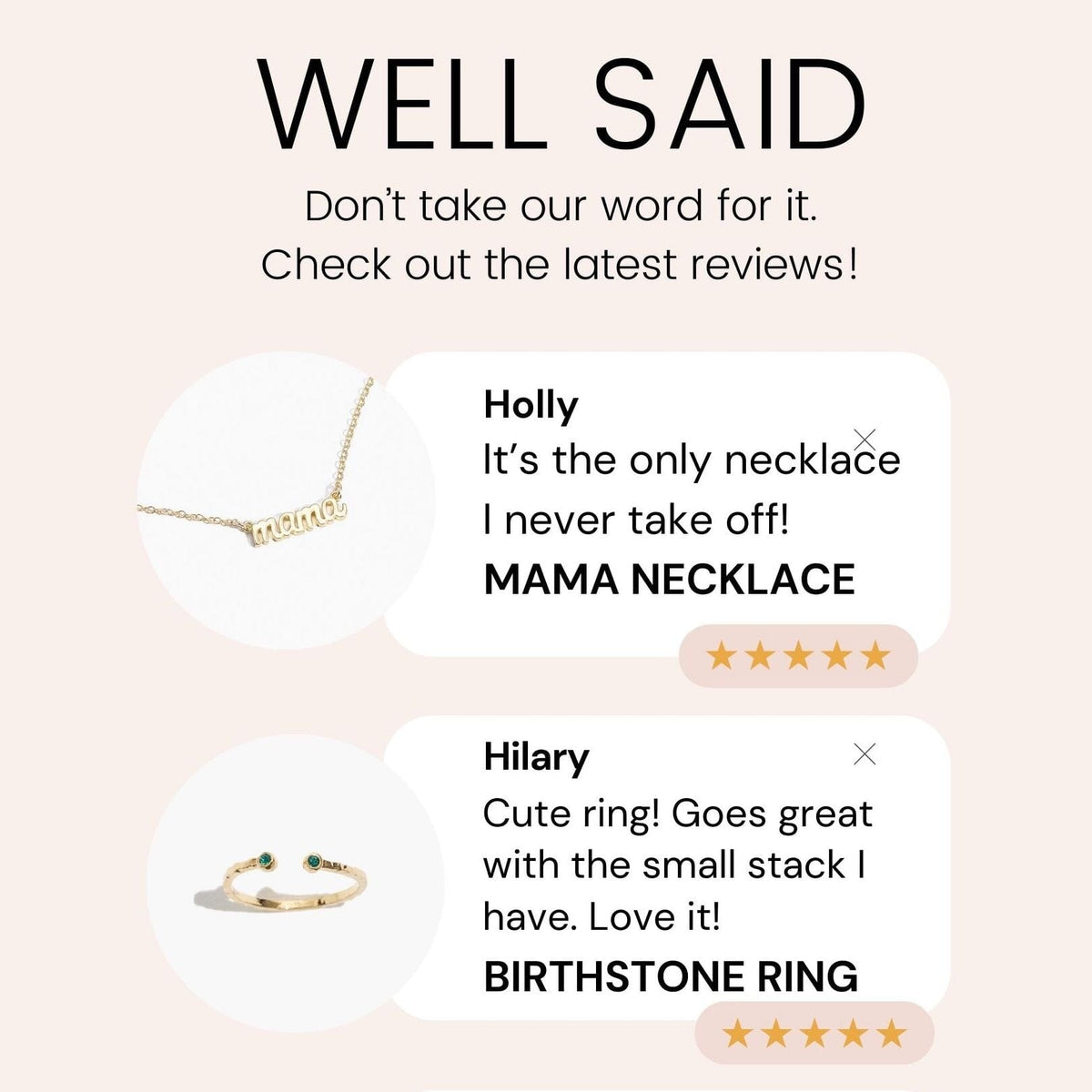 Two customer reviews for Katie Dean Jewelry, a dainty gold jewelry line made in America.