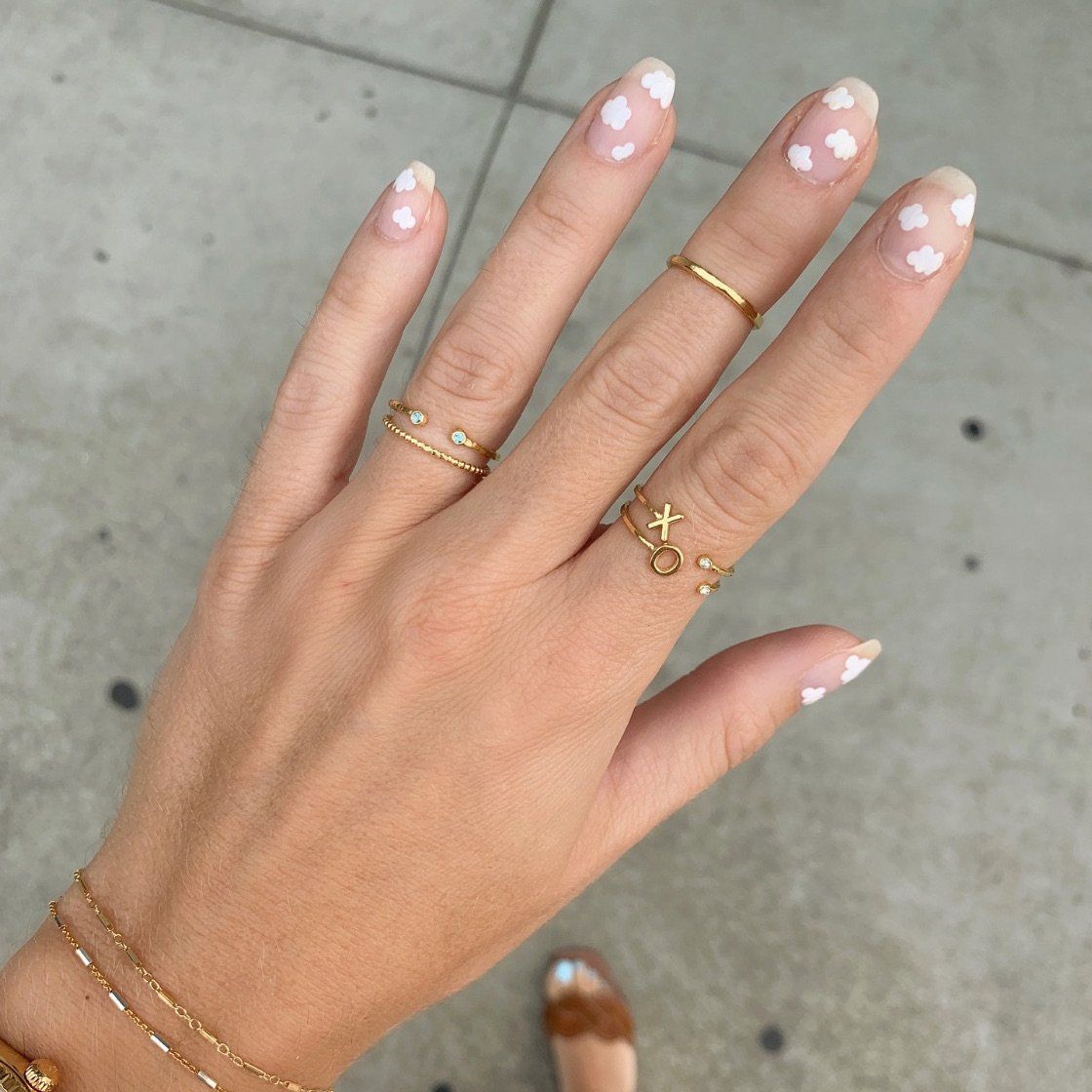 cloud nails design and dainty katie dean jewelry initial rings, birthstone ring, beaded ring, hammered band ring