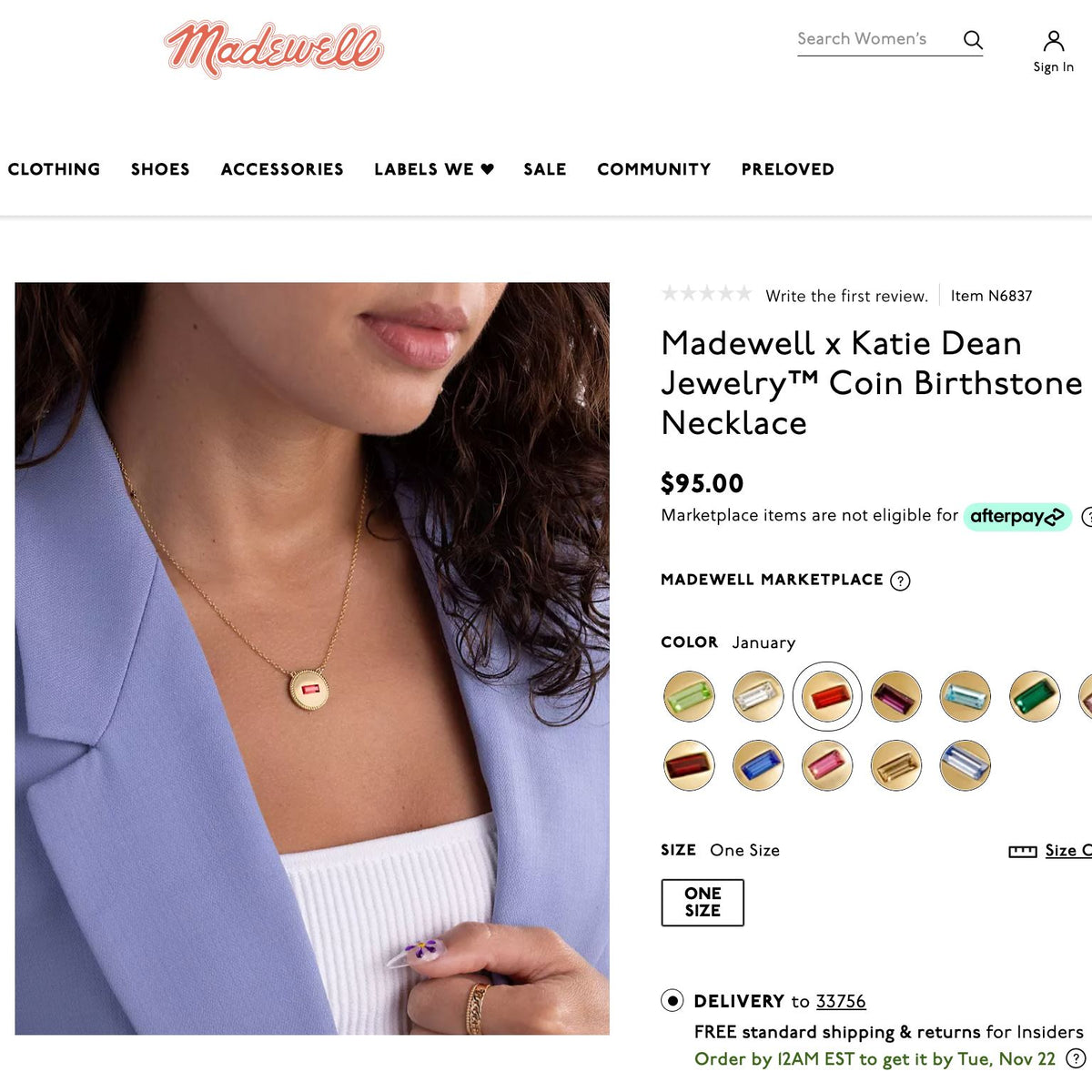 Coin Birthstone Necklace, a Madewell x Katie Dean exclusive, perfect personalized layering necklace_January Siam Birthstone