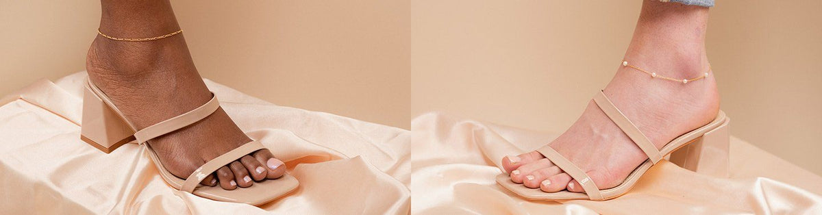 Two images showing dainty gold Anklets by Katie Dean Jewelry