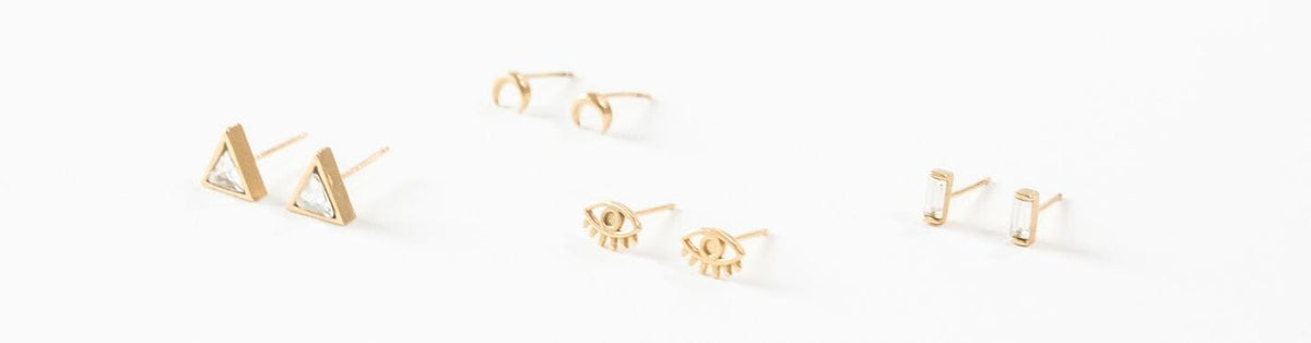 Earrings collection page, handmade in America dainty minimal jewelry by Katie Dean Jewelry, nickel free hypoallergenic