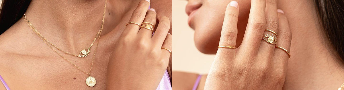 Two images side by side showing the upper body of a model wearing dainty gold handmade evil eye necklaces and rings by Katie Dean Jewelry