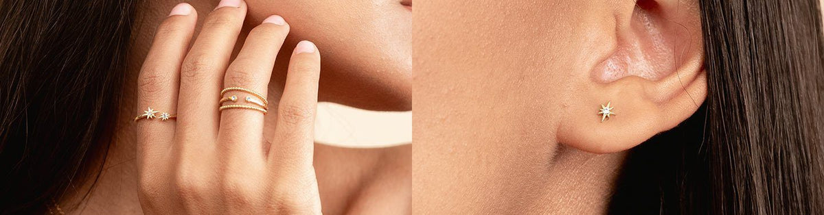 Two images side by side showing the hand and ear of a model wearing dainty gold handmade earring and rings by Katie Dean Jewelry