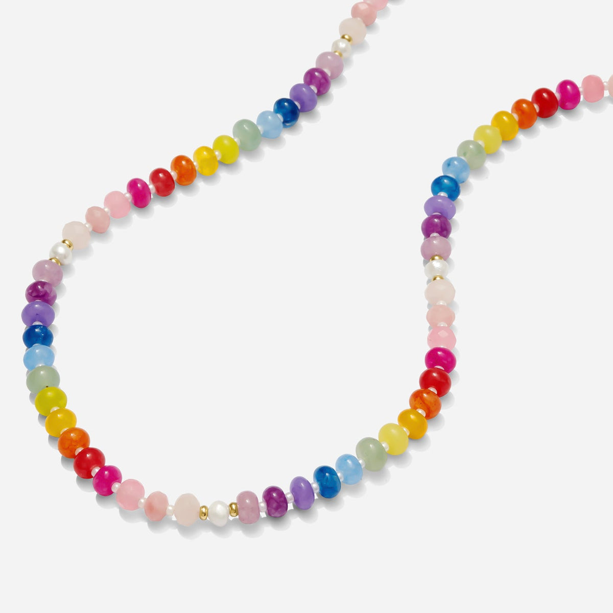 Colorful beaded rainbow necklace with gold and pearl accents, hand beaded necklace on a white background.