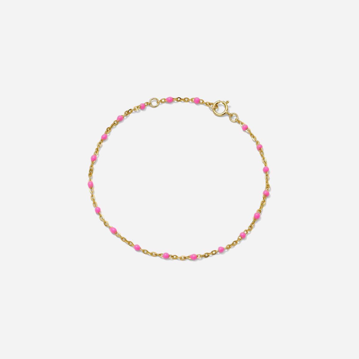 Enamel Chain Bracelet, pink enamel beads on gold chain, shown on a white background hand assembled by Katie Dean Jewelry in clearwater, FL.