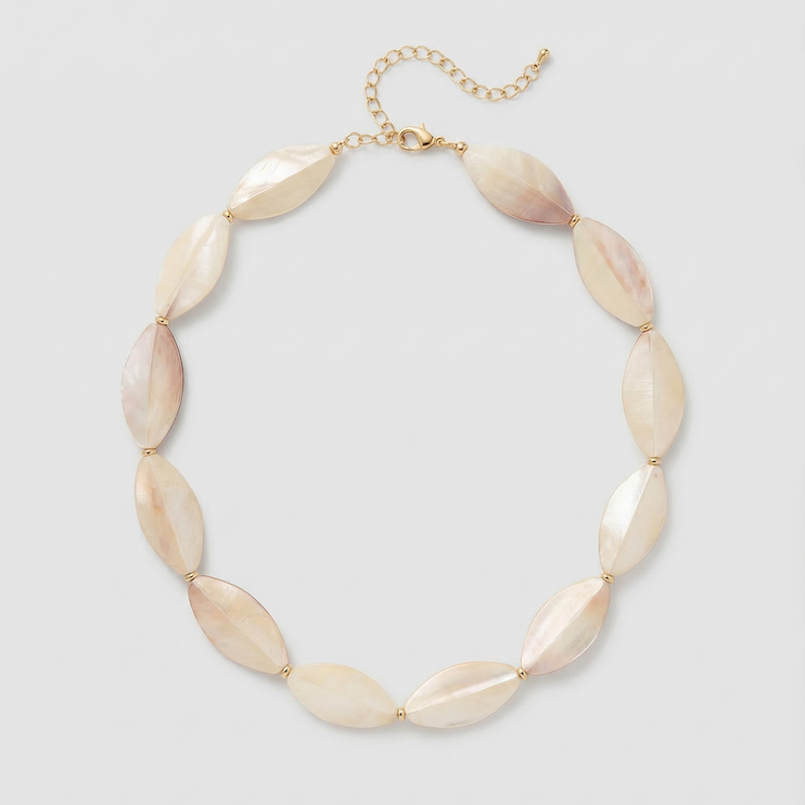 Oval kabibe shell necklace with natural iridescent shells and gold accents