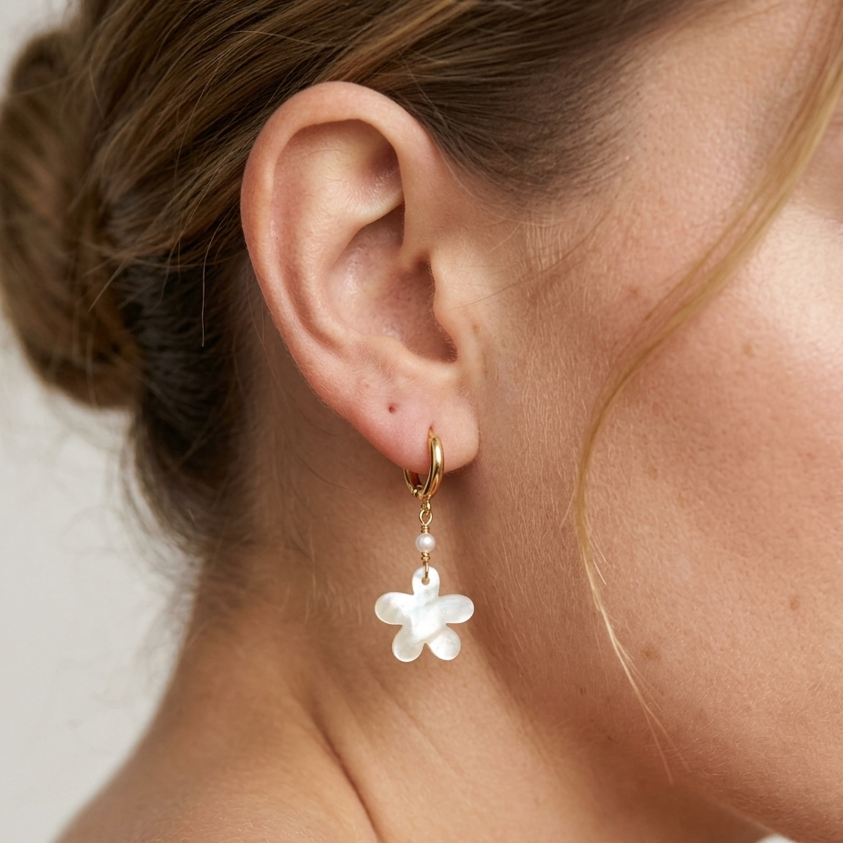 gold hoop earrings with Natural Abalone Shell flower charms and pearl bead accents on model