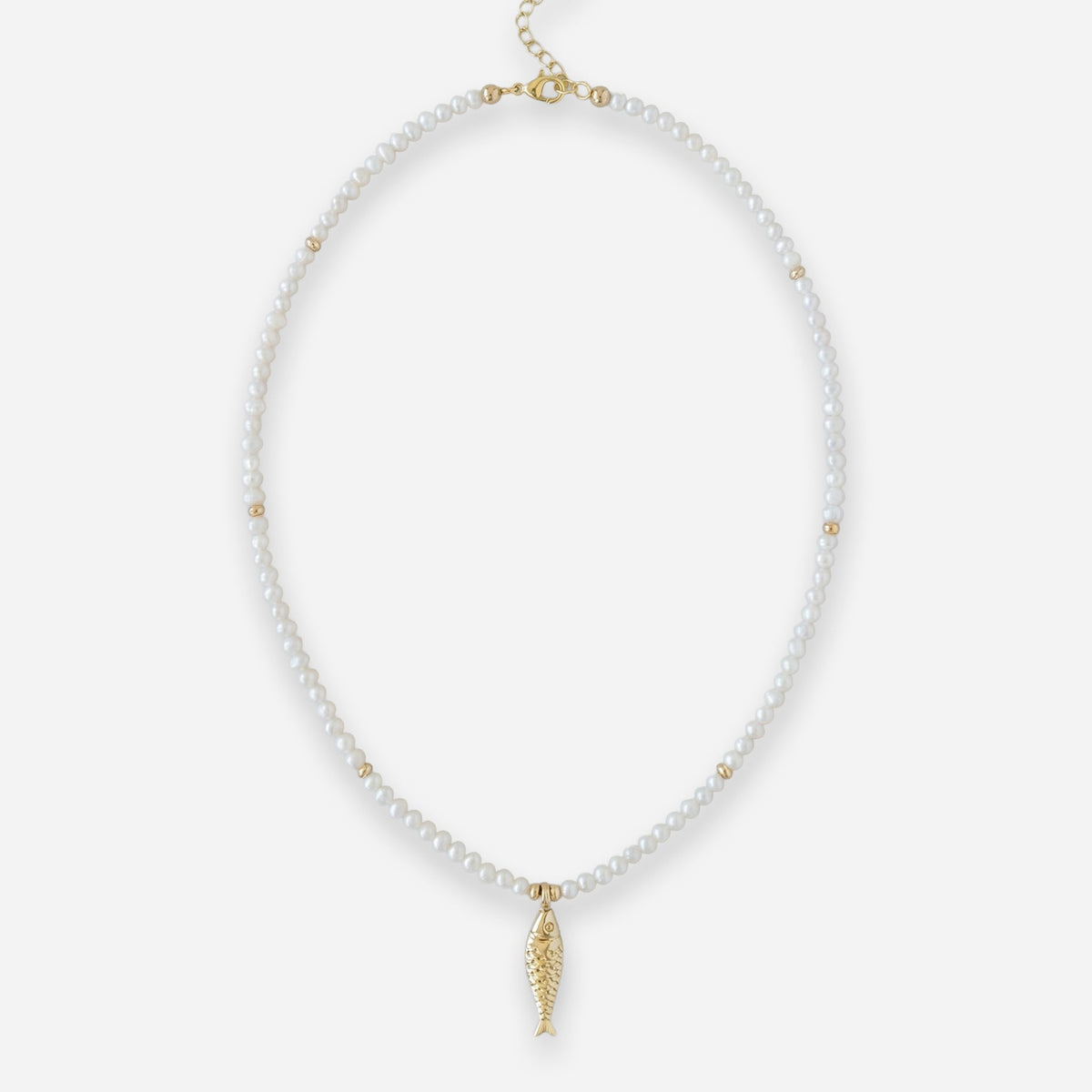 Pearl necklace with a gold accent on a white background