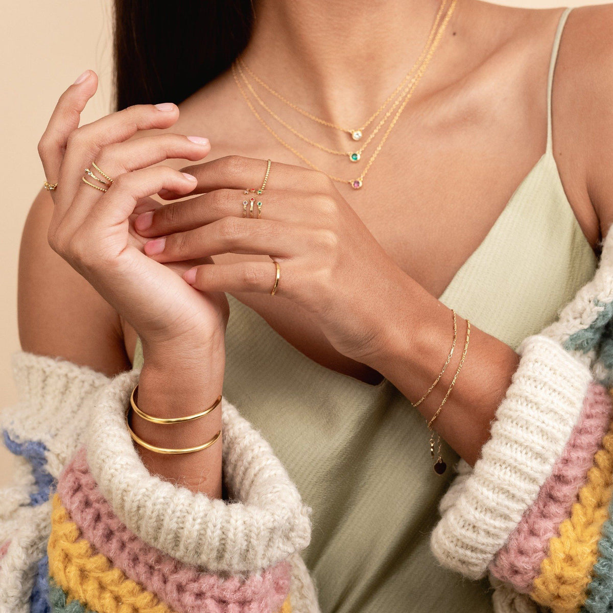 The Everyday Bracelet Set, includes one Figaro Chain bracelet and one Linked Bracelet. 