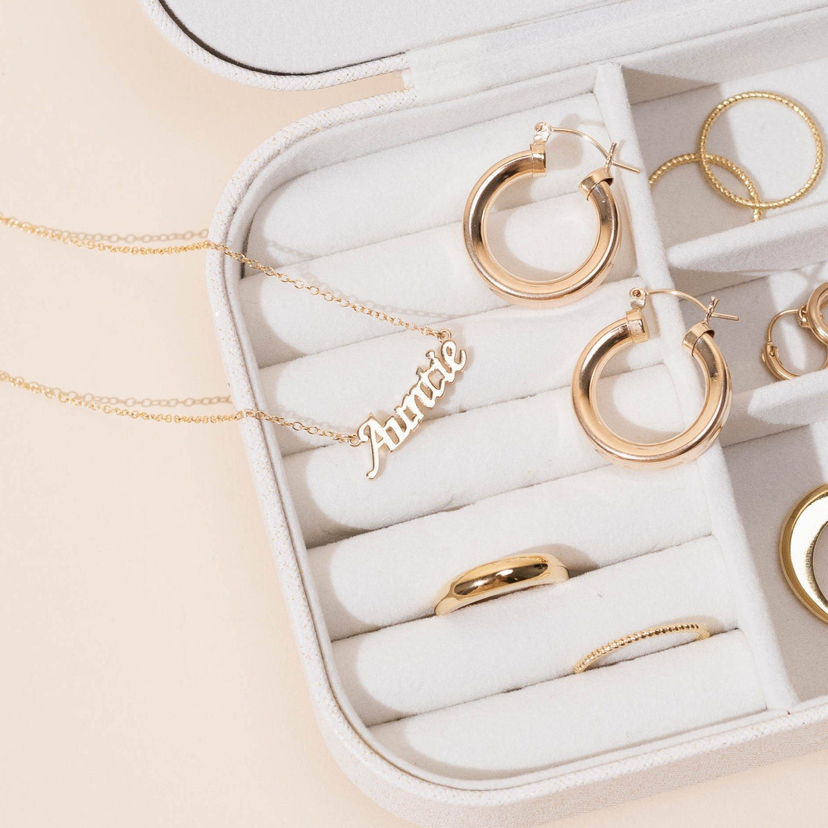 Dainty gold minimal Auntie Necklace, handmade in America by Katie Dean Jewelry