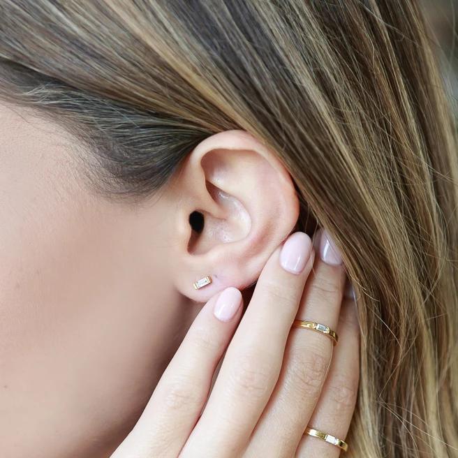 The Baguette Studs, a beautiful, classic pair of earrings that you'll never want to take off. Handmade in America by Katie Dean Jewelry. Nickel free and hypoallergenic.