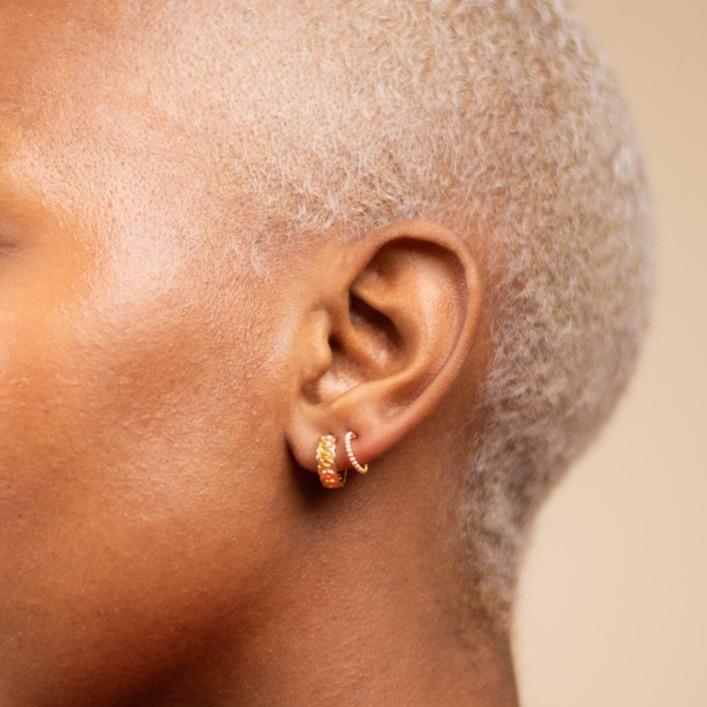 Dainty gold Figaro Chain Hoops, made in America by Katie Dean Jewelry
