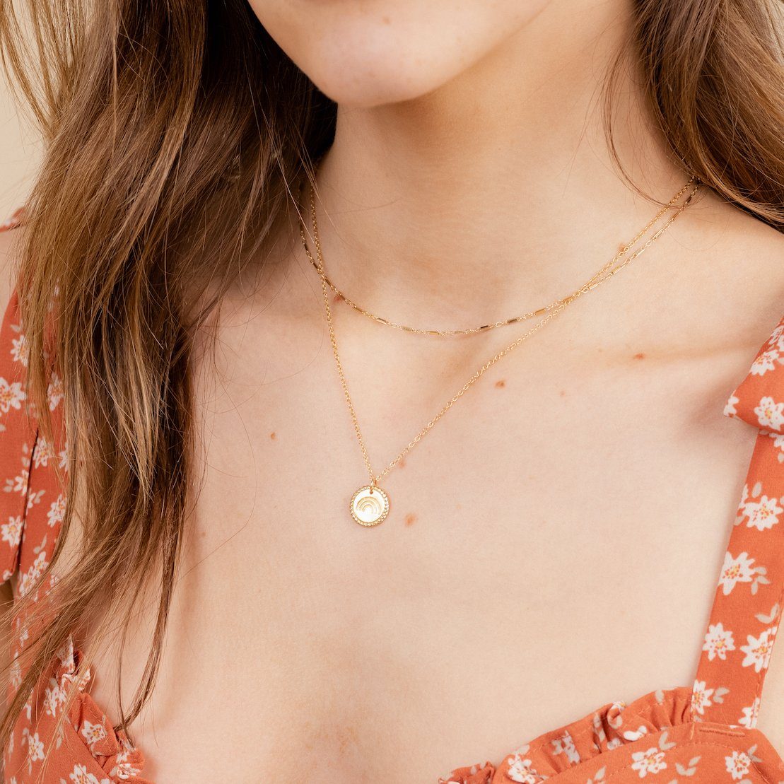 Model wearing the Linked Choker and Rainbow Necklace, handmade in America by Katie Dean Jewelry