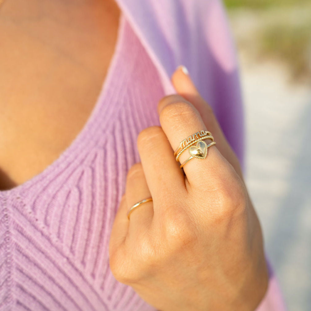 Mama, Heart, Beaded, Hammered Band ring_Gold Rolo Bracelet_Katie Dean Jewelry_handmade in America_stacking ring