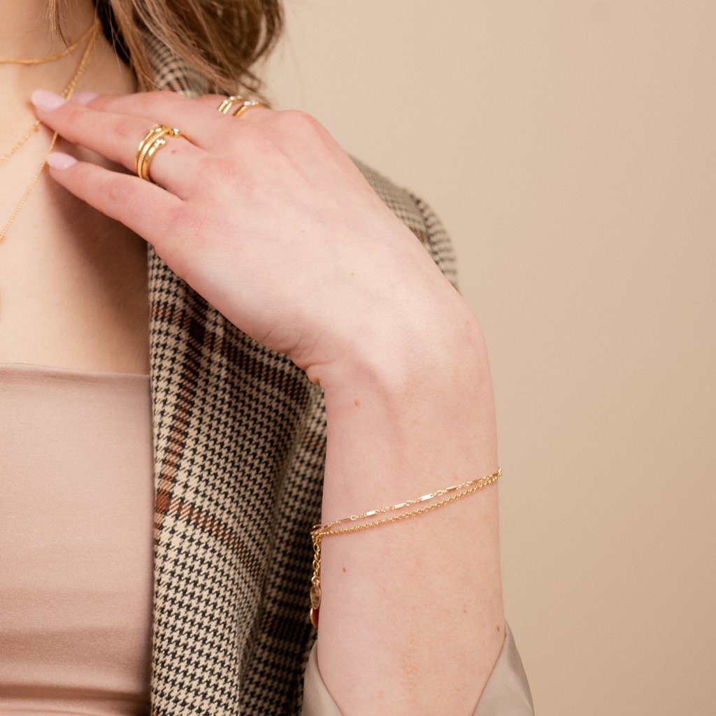 Dainty gold bracelets featuring the Linked Bracelet and Gold Rolo Bracelet, minimal bracelet set handmade by Katie Dean Jewelry